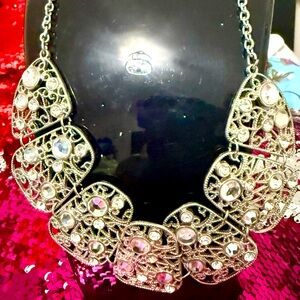 Silver necklace with white crystal rhinestones